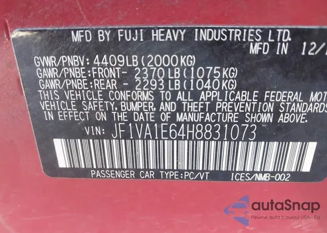 2017 Subaru Wrx Premium z USA, uszkodzony, nr VIN JF1VA1E64H8831073